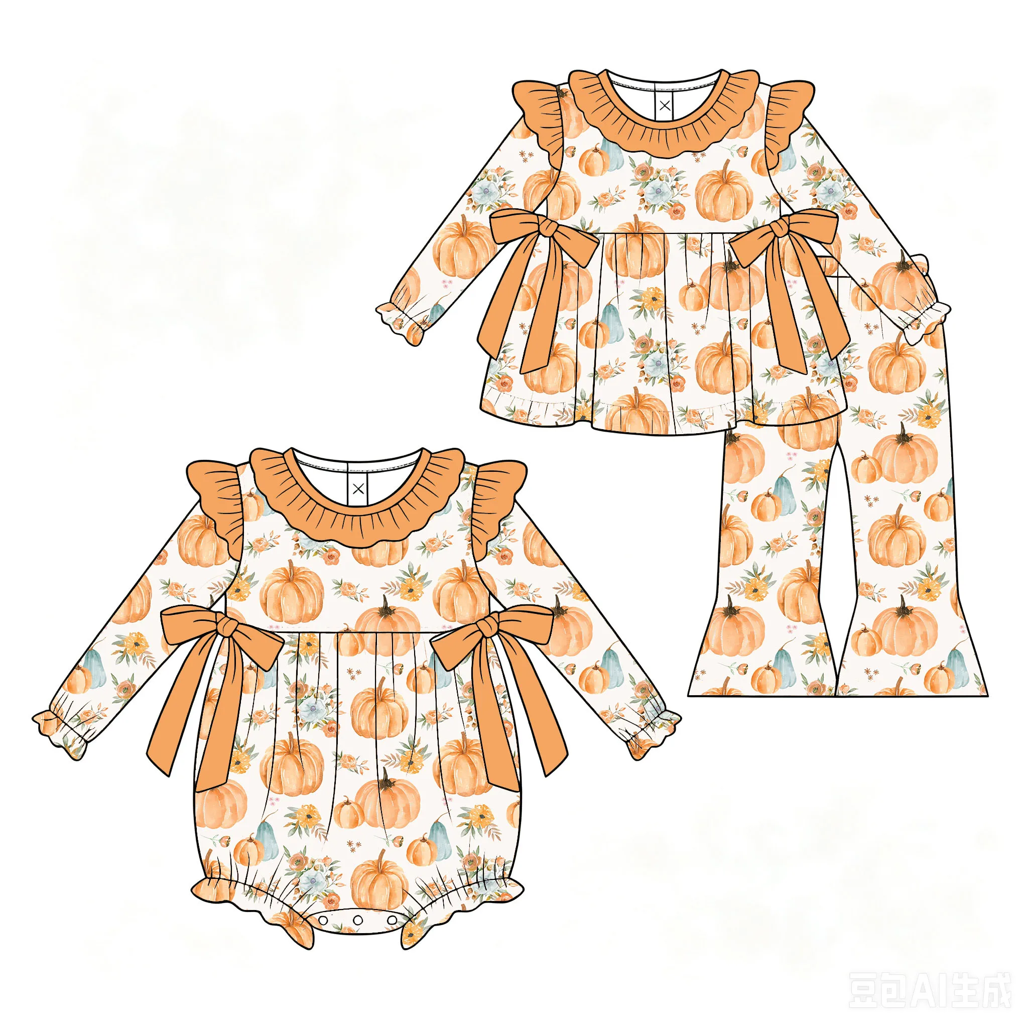 Girls' Thanksgiving Pumpkin Print Orange Ruffled Cuffs and Bow Long-Sleeve Top Paired with Flare Pants Boutique Set and Romper