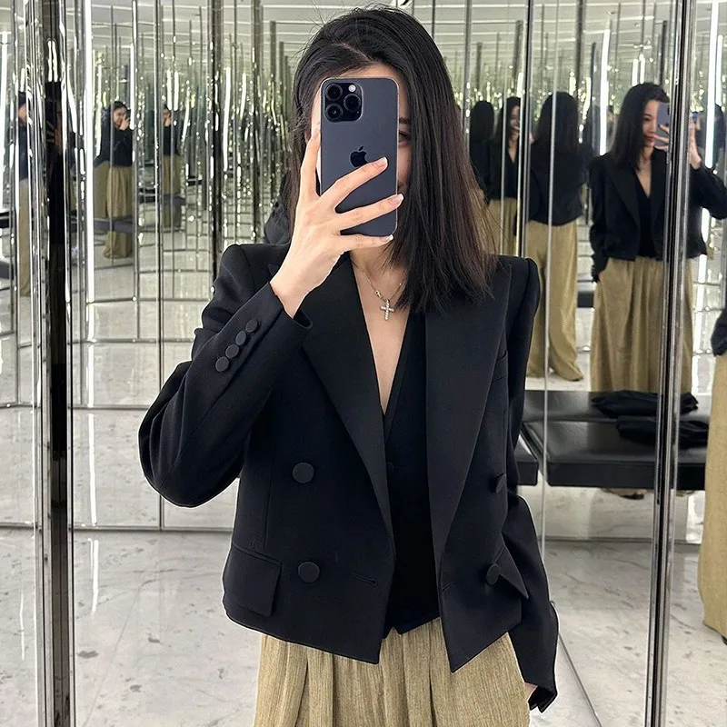 Tesco-Blazer de doble botonadura para mujer, Chaqueta corta de manga larga ajustada, abrigo elegante liso para ropa de fiesta