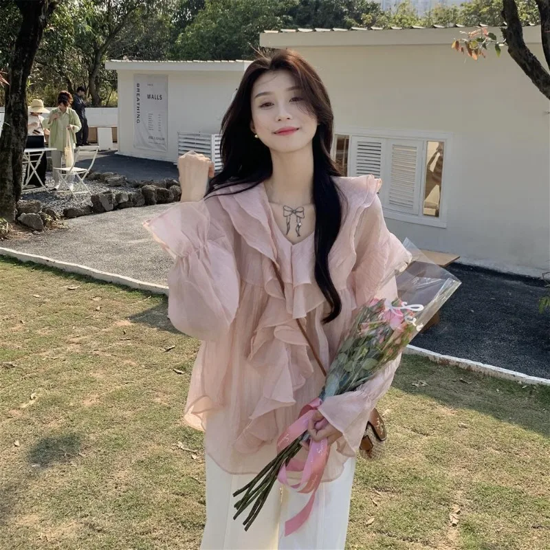 Gentle Wind V-neck Ruffle Leaf Edge Shirt Women's Spring Wear New Korean Version Loose and Thin Long-sleeved Shirt Beautiful Top