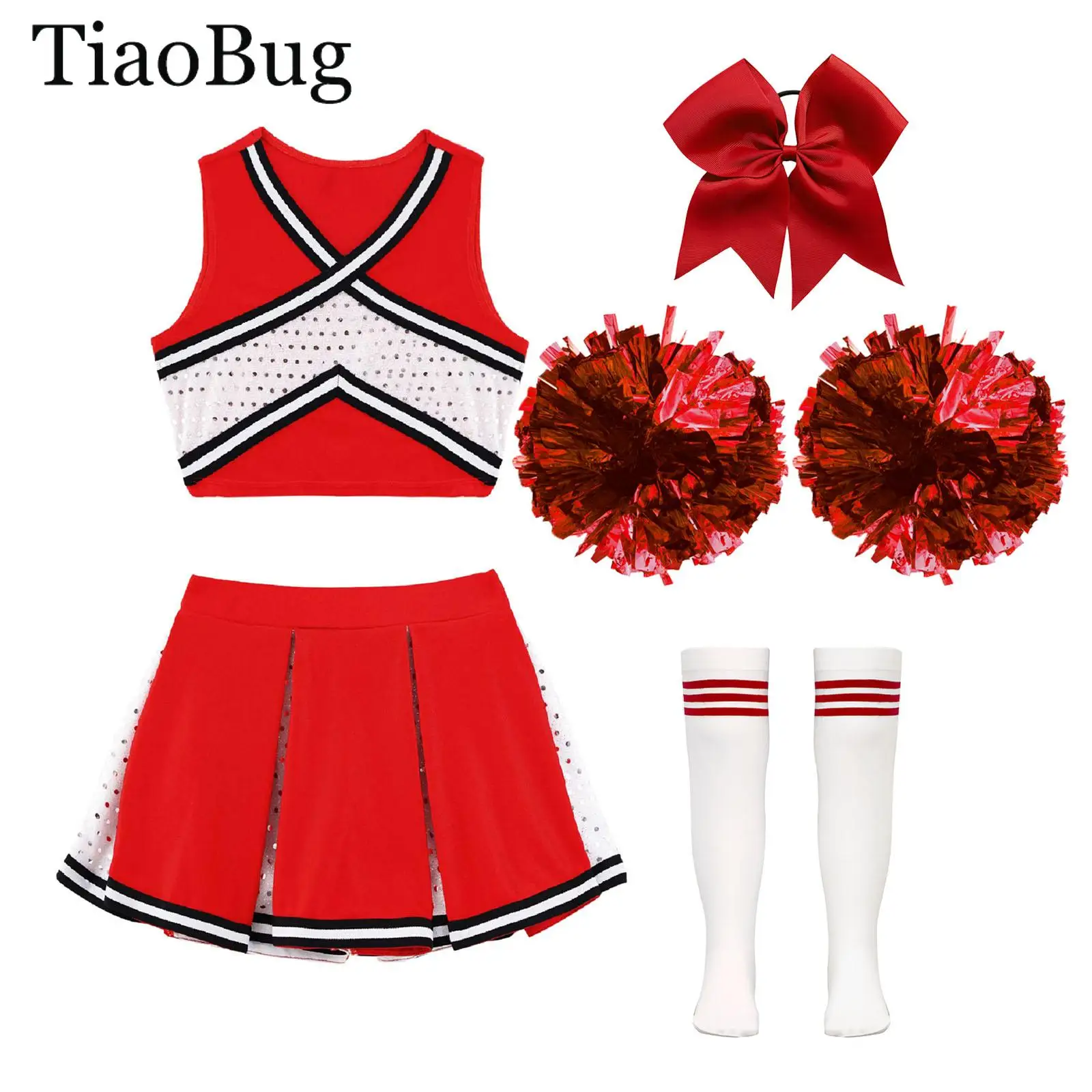 

Girls Cheerleading Set Sequins Crop Top Pleated Skirt with Headwear Hand Flowers Socks School Cheerleader Uniforms Performance