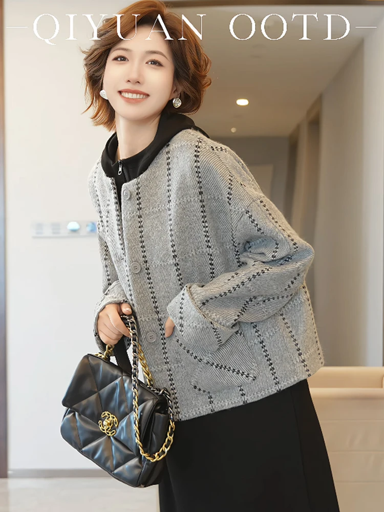 

Женское модное круглое шерстяное пальто больших размеров, свободное утягивающее пальто с мясным покрытием, простое зимнее пальто для поездок на работу...