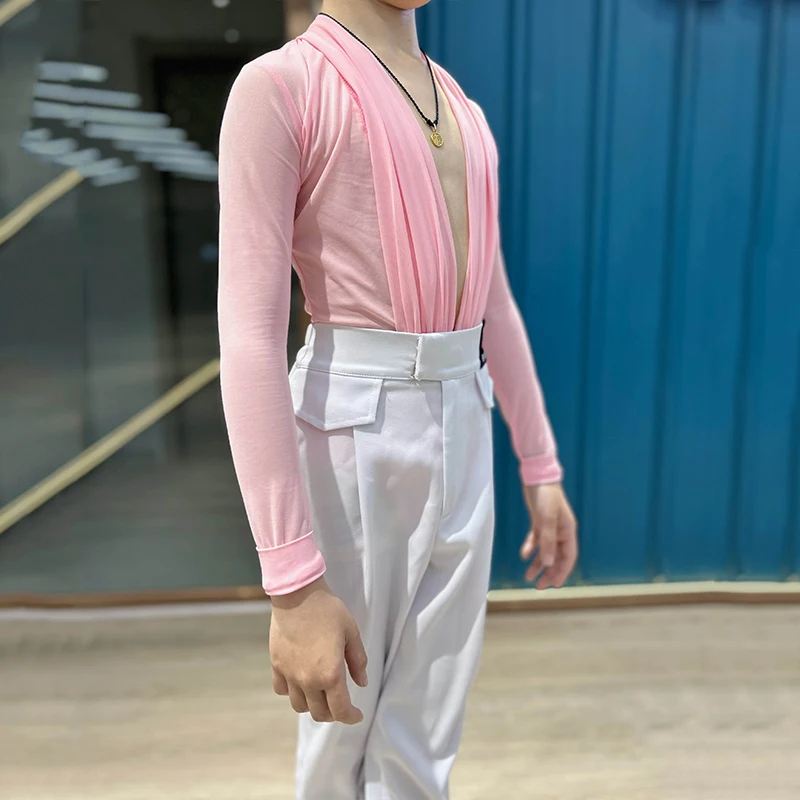 Boys Latin Dance Clothes Pink Mesh Long Sleeves Tops White Pants Male Kids Cha Cha Latin Ballroom Dance Competition Wear NV19830