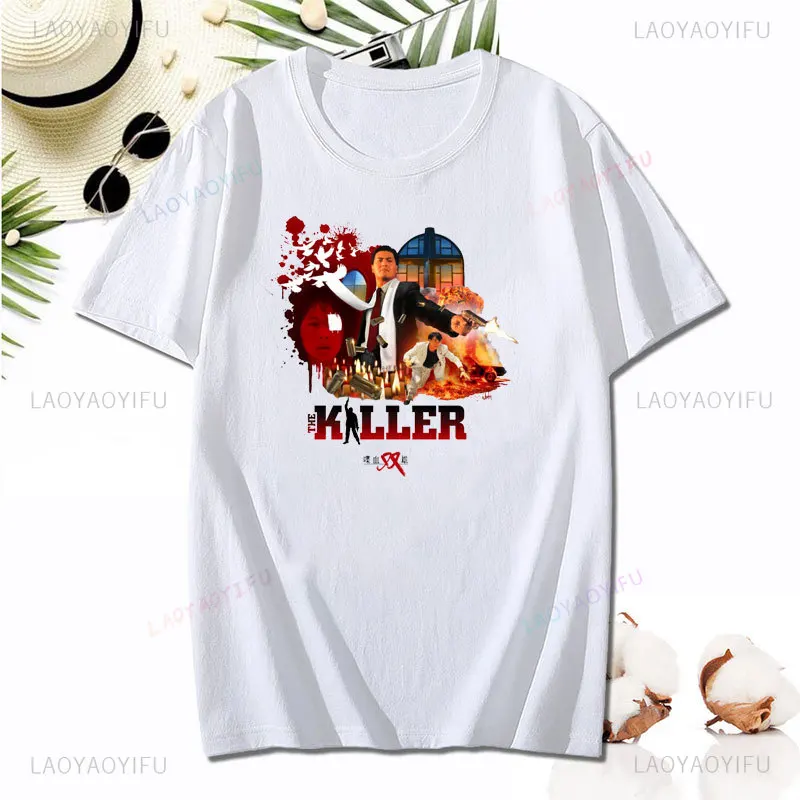 80s Hong Kong Films The Killer Printed T-shirt Bloodshed of Two Heroes Chow Yun Fat Tshirt Summer Woman Man Cotton Shirt Retro