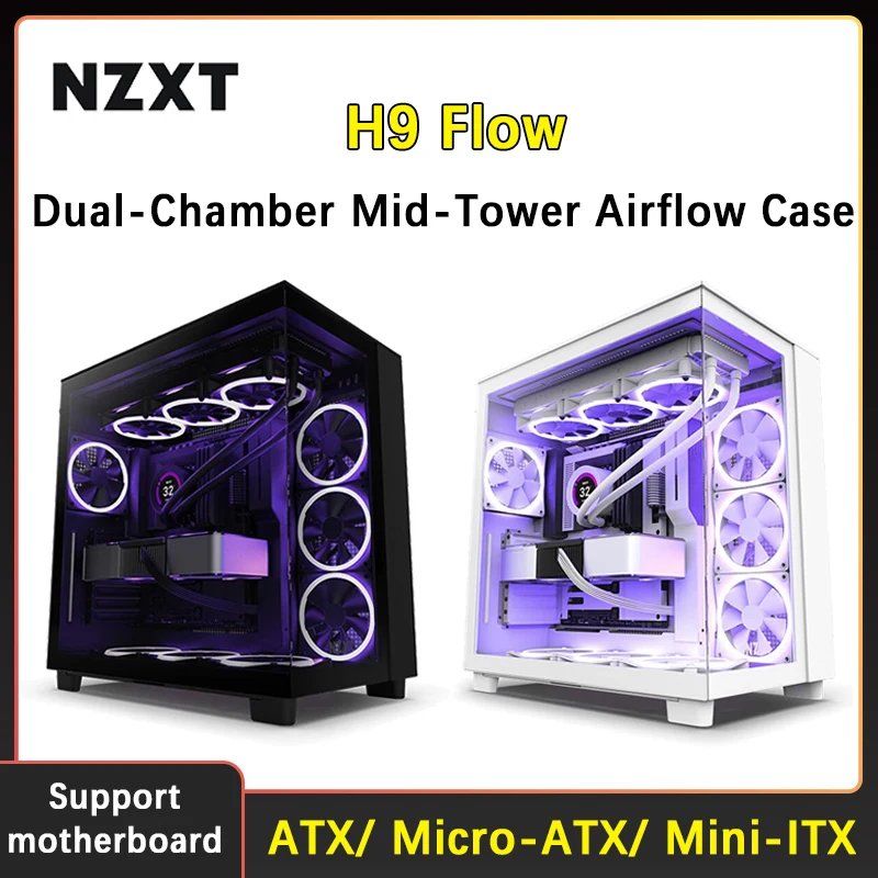 

NZXT H9 FLOW Dual-Chamber Mid-Tower Airflow Case Three-sided 360° water-cooled sea view room tempered glass side panel PC gamer