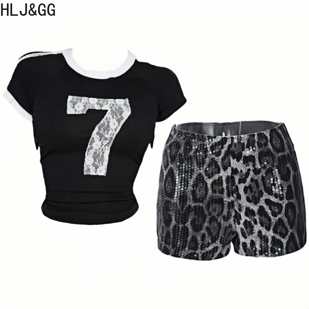 HLJ&GG Y2K American Streetwear Women Print O Neck Short Sleeve Tshirts And Leopard Sequin Shorts Two Piece Sets Fashion Outfits