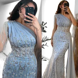 Elegant Light Blue One Shoulder Mermaid Evening Dresses with Side Tail Crystals Chains Beaded Sequins Wedding Dinner Party Gowns