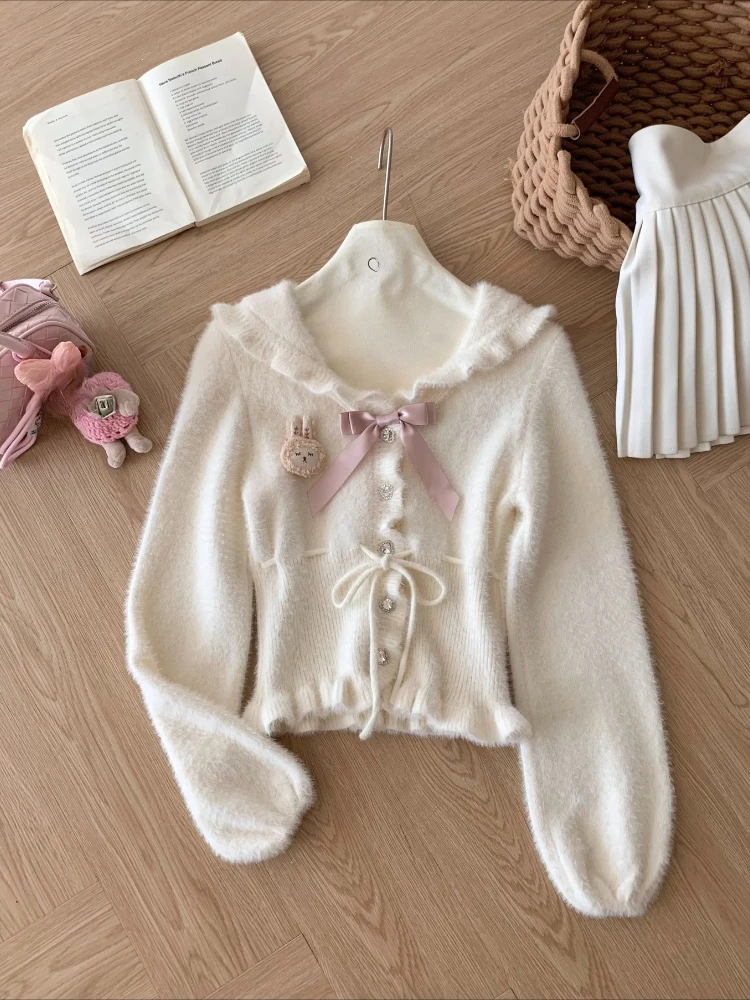 سترات جميلة على الطراز الياباني الجديد لخريف 2025 سترات نسائية كاواي على طراز بريبي أنيقة أنيقة بفيونكة سترة صوفية عصرية رائعة #3