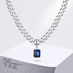 Vnox Geometric Square Blue Stone Pendant Necklaces, Stainless Steel Lucky Collar, Unisex Cuban Link Chain Chokers