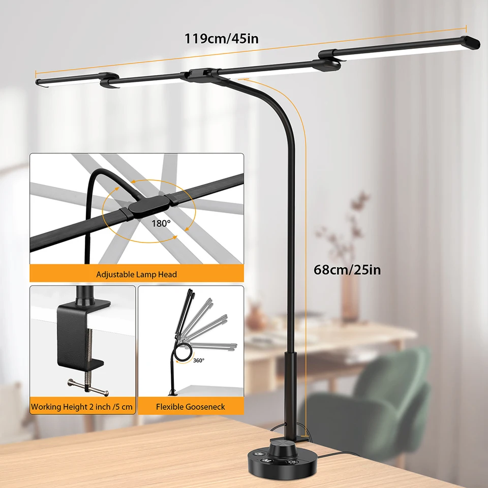 LED Ultra Bright Eye-Caring Desk Lamp 24W Stepless Dimming Flexible Gooseneck Clip-on Office Architect Desk Lamp PC Screen Lamp, image 4