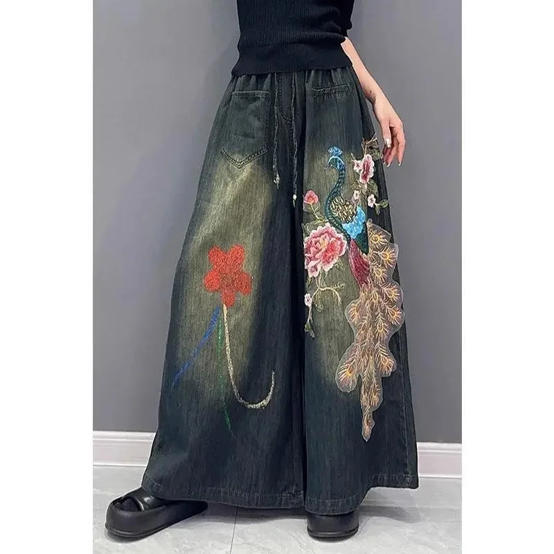 

Vintage Jeans 2024 New Korean Version Slimming Embroidery Flower Fashion Women's Casual Versatile Denim Trouser Wide Leg Pants