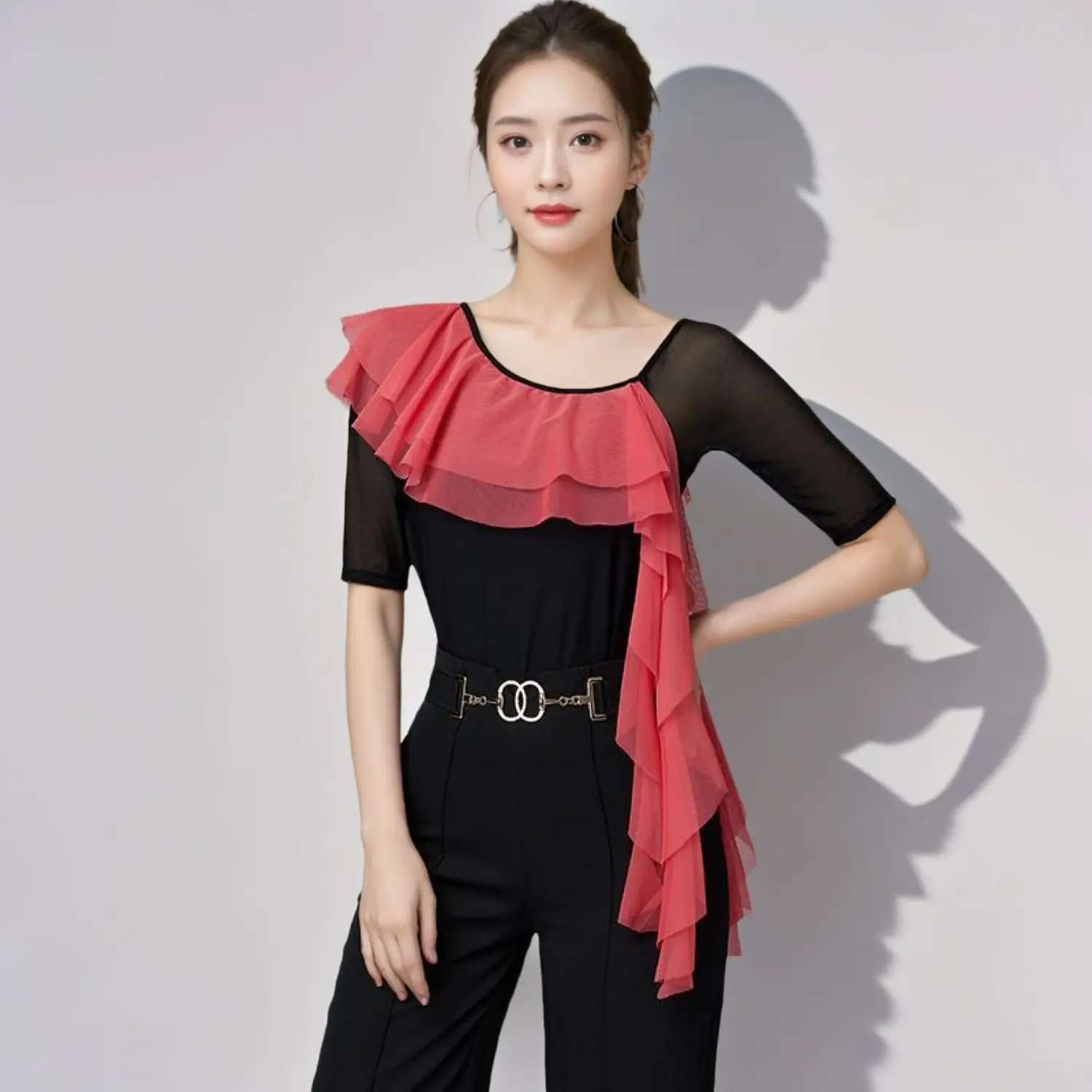 New Line Dance Outfits Women Lotus-Leaf Shawl-Style Top — Standard Ballroom, Practice, and Yoga Wear Dancewear Top