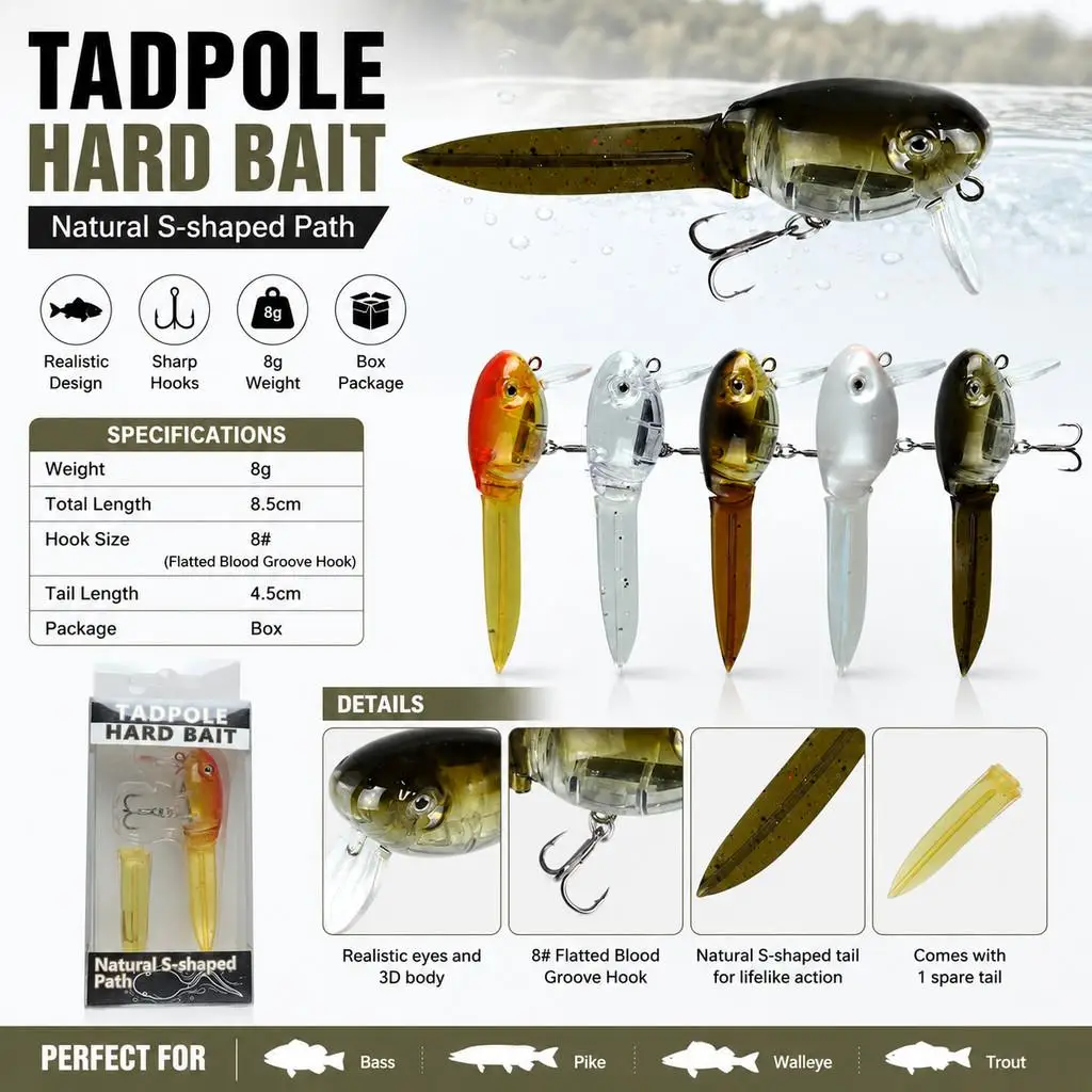 1pcs Tadpole Hard Bait Fishing Lure, 8 G/8.5 Cm, Detachable Soft-tail Crankbait with 8# Flattened Blood Groove Treble Hook, - view 2