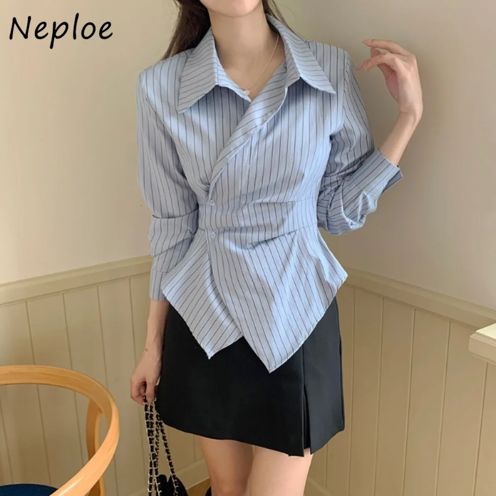 Neploe Minority Spring New French Style Casual Tops Stripe All-match Irregular Preppy Shirt Women Korea Chic Literary Gentle Top