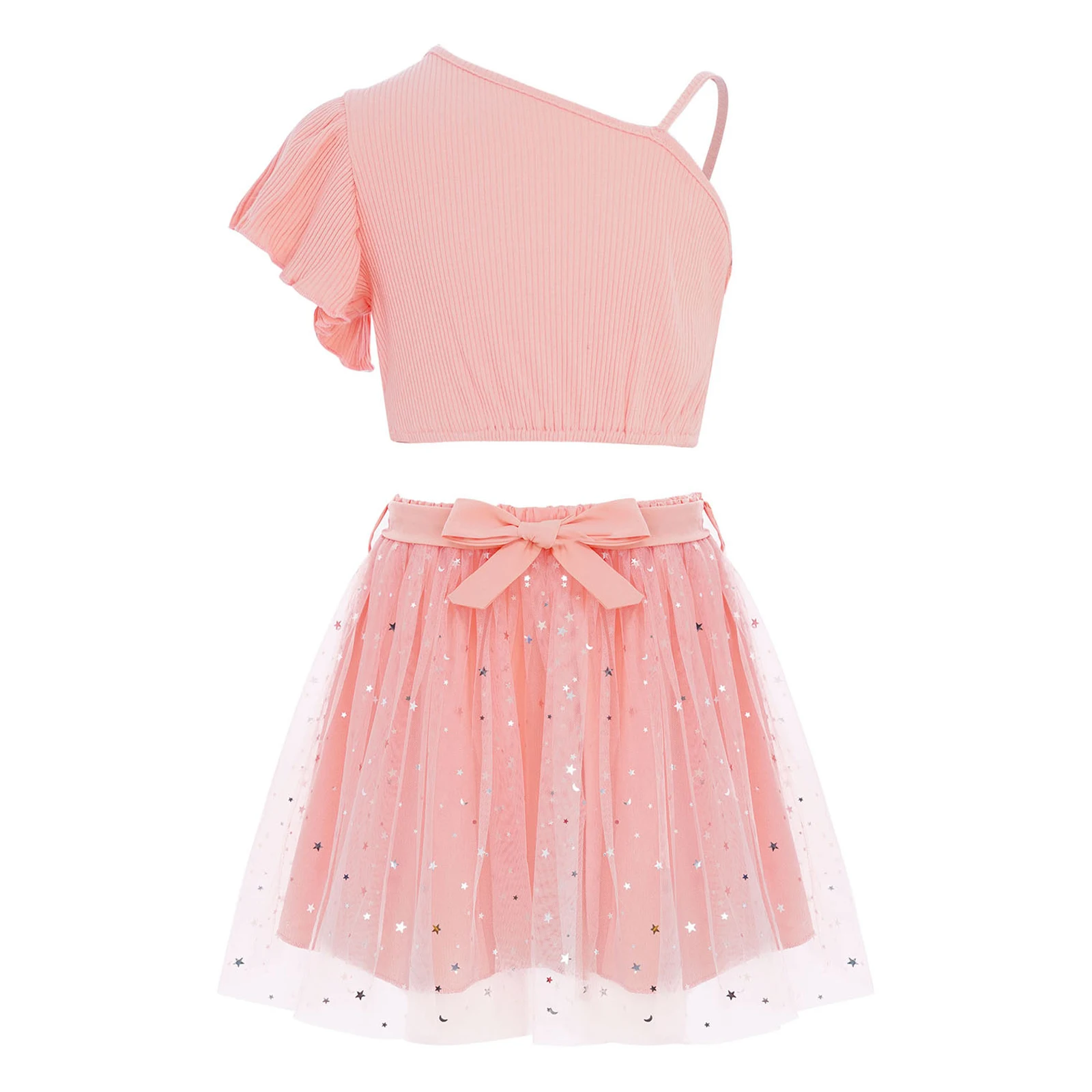 

Kids Girls Birthday Princess Dress Outfit One Shoulder Ruffled Sleeve Asymmetrical Ribbed Crop Top+Sequined Gradient Mesh Skirt