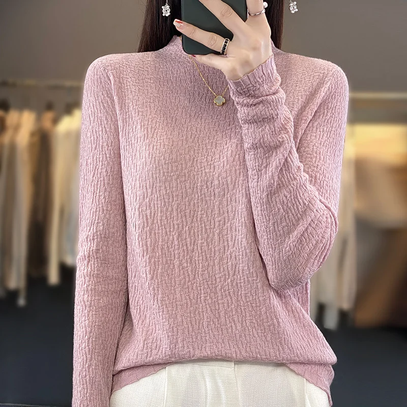 Women 100% Merino Wool Soft Sweater Half-high Collar Wrinkle Pullover Autumn Winter Female Loose Casual Knit Cashmere Basis Top