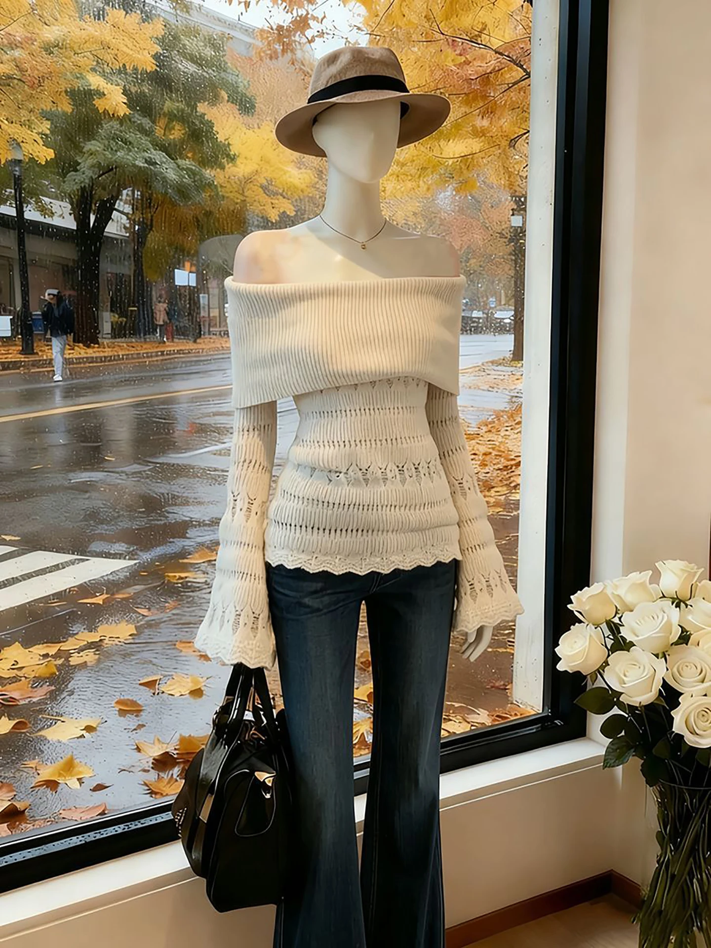 السيدات الجوف خارج محبوك سترة أجراس الكتف Sve التخسيس تنوعا ربيع الخريف Faionable أعلى مثير Sle طويل Sve