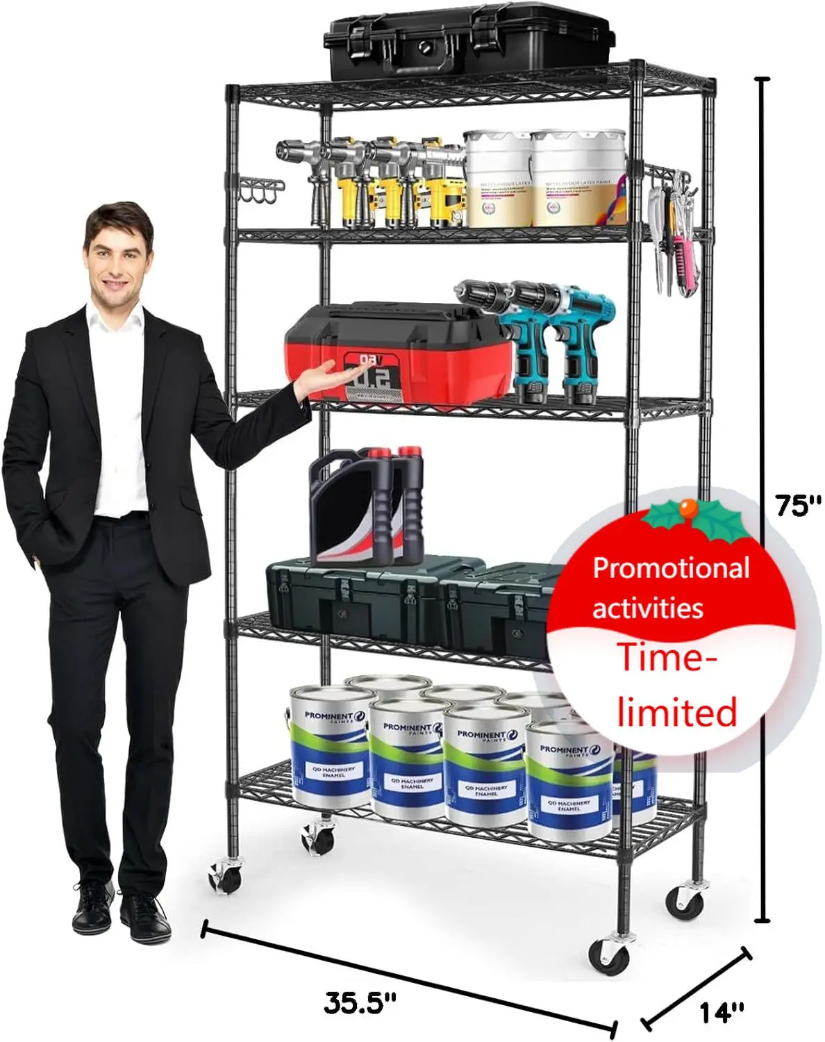 

Storage Shelves,1750Lbs 5 Tier Heavy Duty Metal Rolling Shelving Unit with Wheels & 8 Hooks, Adjustable Garage Wire Rack for Kit