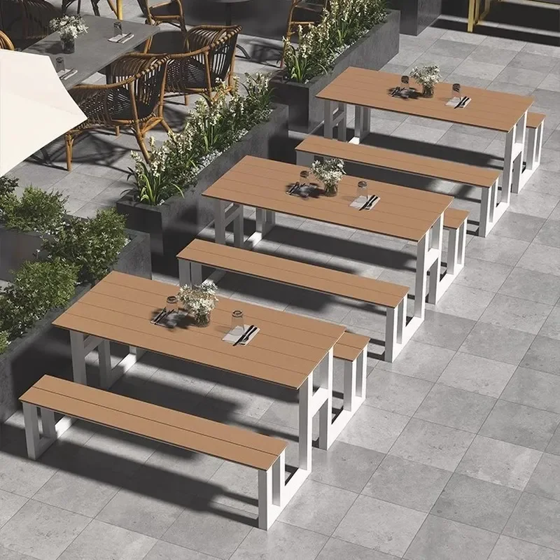 Outdoor Plastic Wood Preservative One Piece Table and Chair Set for Courtyard Park Scenic Spot Canteen Supermarket Food