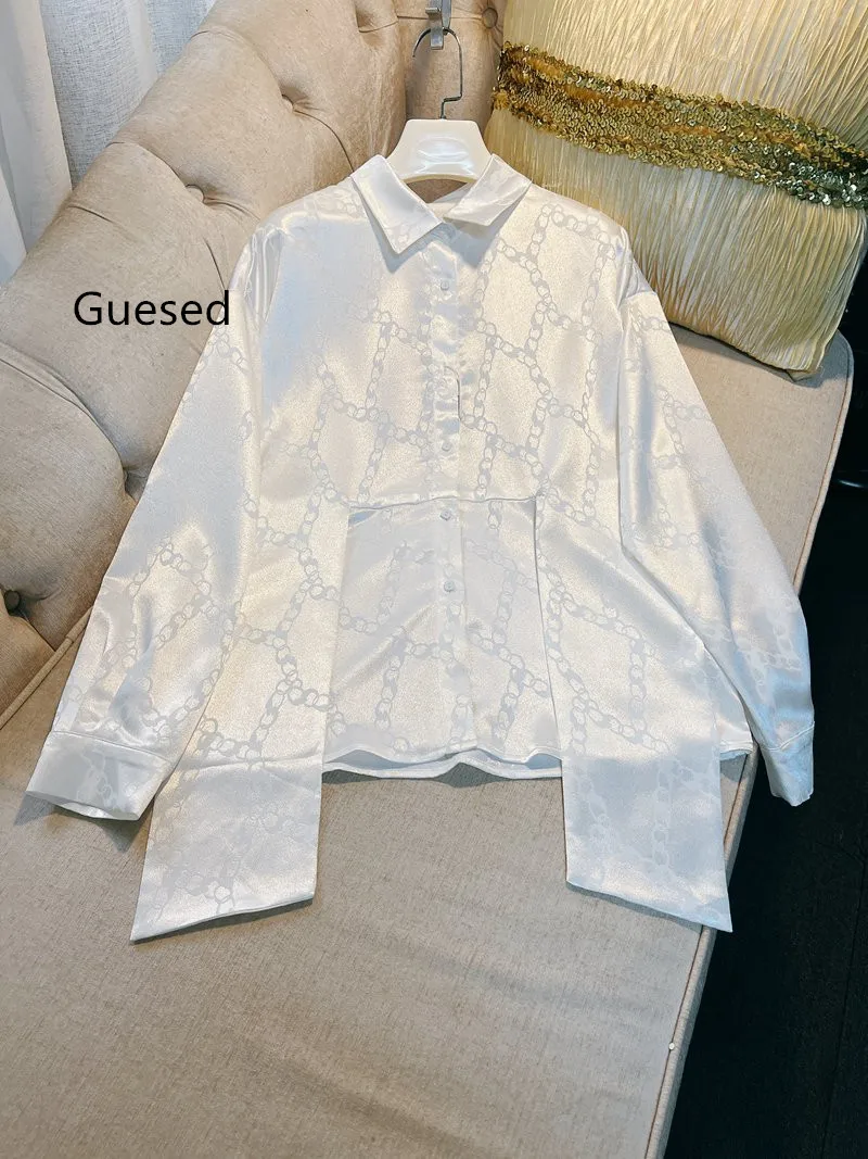 

Guesed Satin Blouse 2024 Spring Autumn Chian Print White Shirt Waist Cross Satin Top Quality Loose Top Single Breasted New