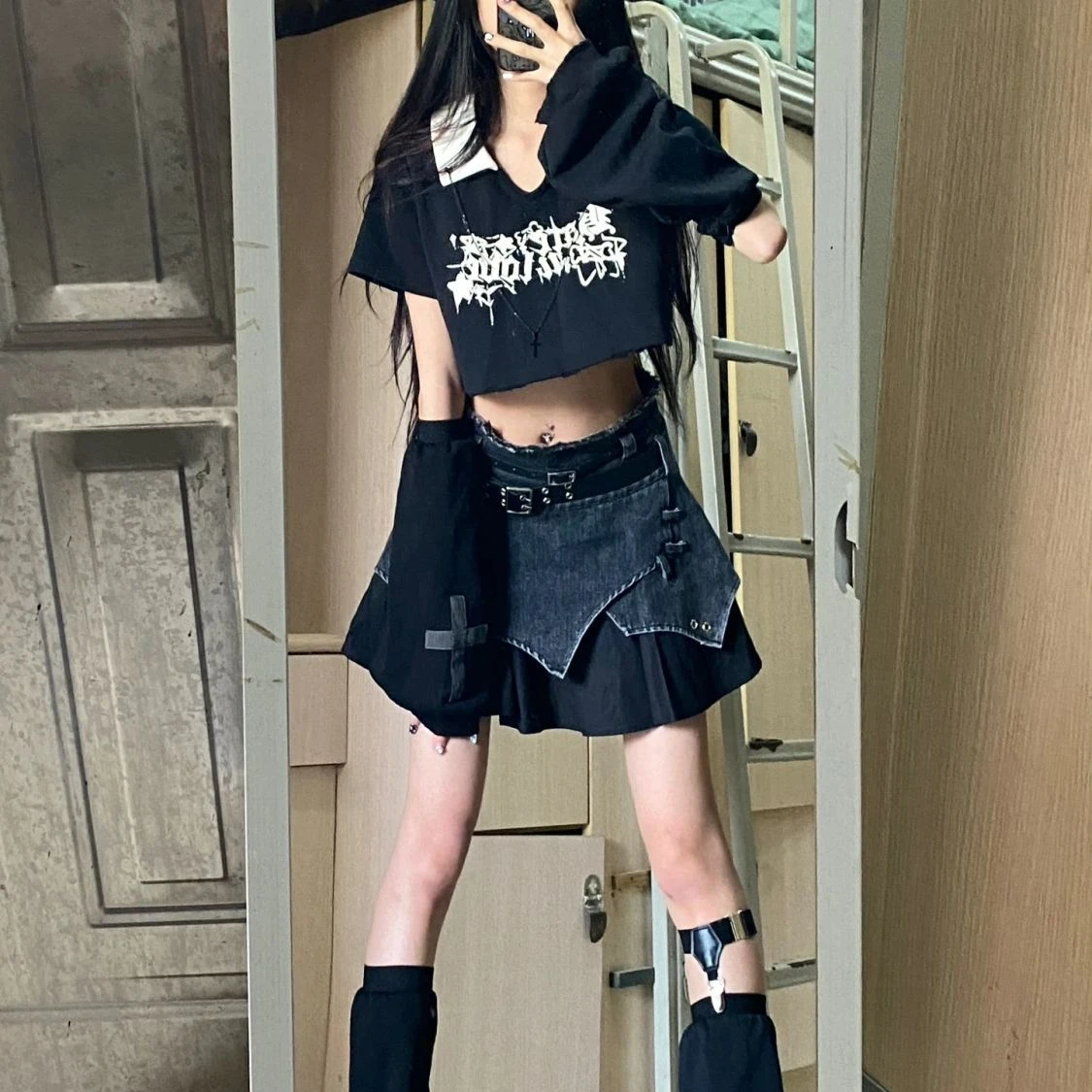 Harajuku Y2k Lolita Style 2 Piece Set Women Contrast Color Grunge Crop Top Irregular Denim Skirts Suits Japanese Gothic Outfits