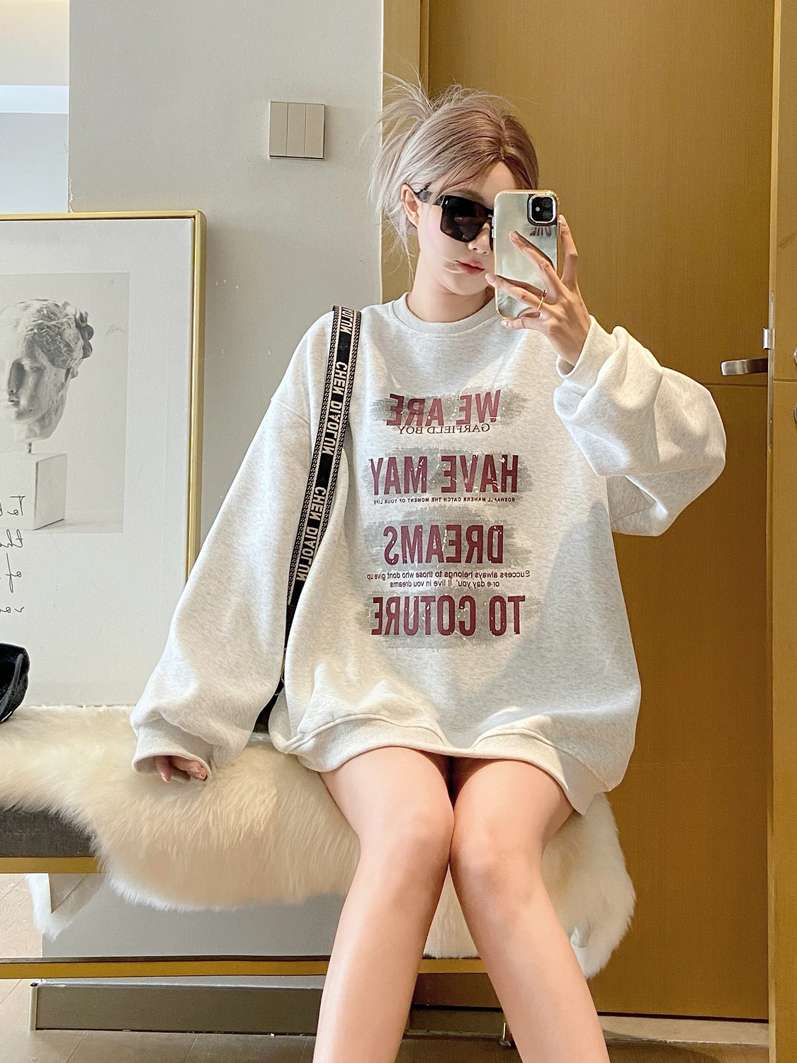 

Модный женский свитшот с круглым вырезом, свободного кроя, весна-осень, в корейском стиле, с длинными рукавами, с принтом, из хлопка и полиэстера