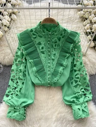 Women Vintage Embroidered Blouse Spring Summer Hollowed Out Ruffle Standing Collar Shirt French Long Sleeved Shirt Top