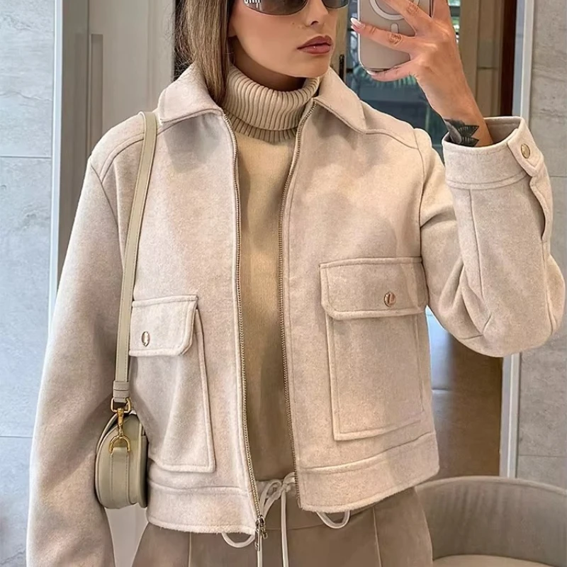 2026 Autumn Hot Selling Women's Zipper Decoration Soft Jacket Coat Autumn/Winter Retro workwear Double Pocket Woolen Coat