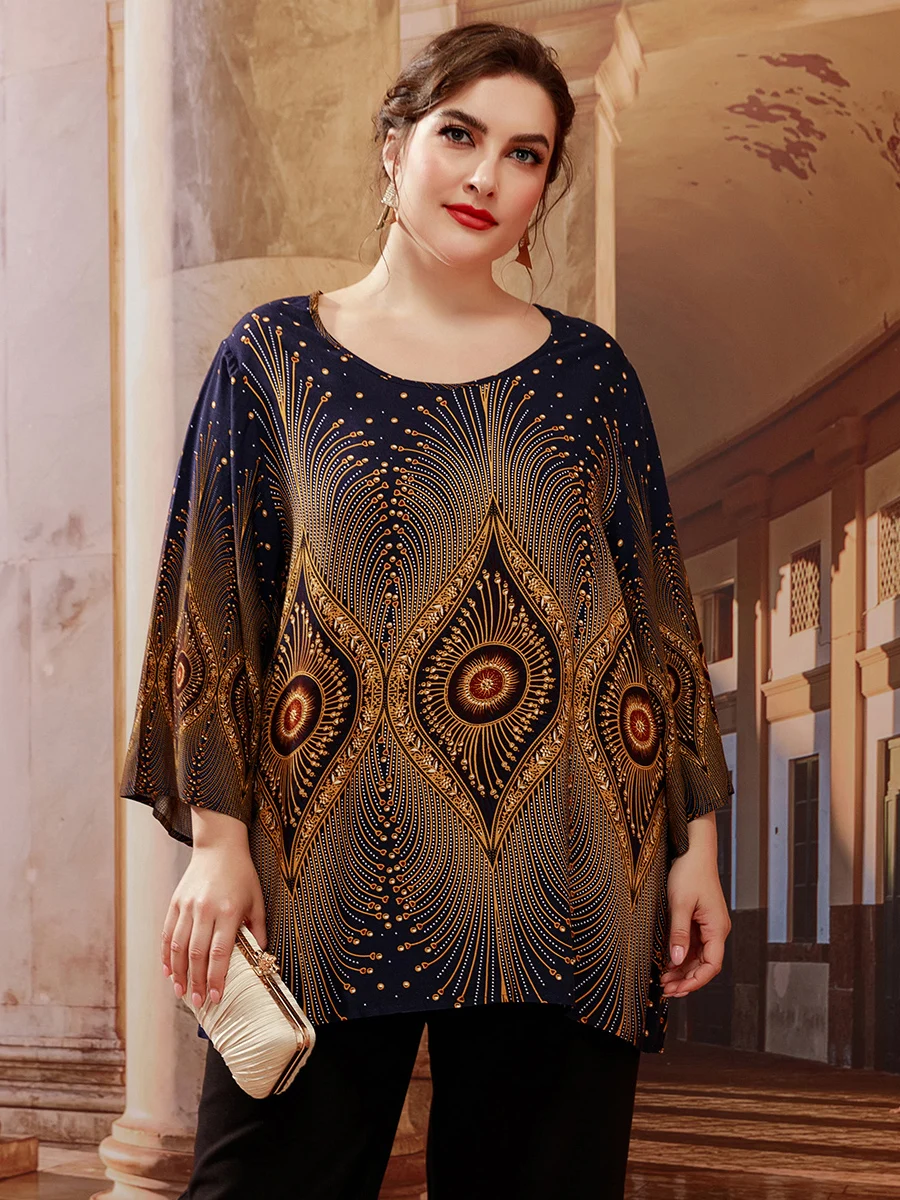 5XL bluzka w rozmiarze Plus Size damska letnia z długim rękawem nadruk Retro bluzka Vintage koszulka luźna bluzki damskie odzież damska oversize