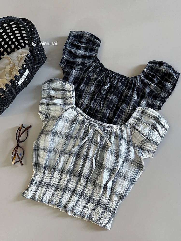 

Wedbleser Square Collar Puffy Sleeve Plaid Strap Shirt 2025 Summer New Korean Women Slim Fit Cover Cinched Waist Top Trend