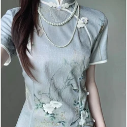 New Chinese Style Cheongsam Dresses Female Summer 2024 New Pattern Waist Temperament Short Sleeve Stand Collar Women's Clothing