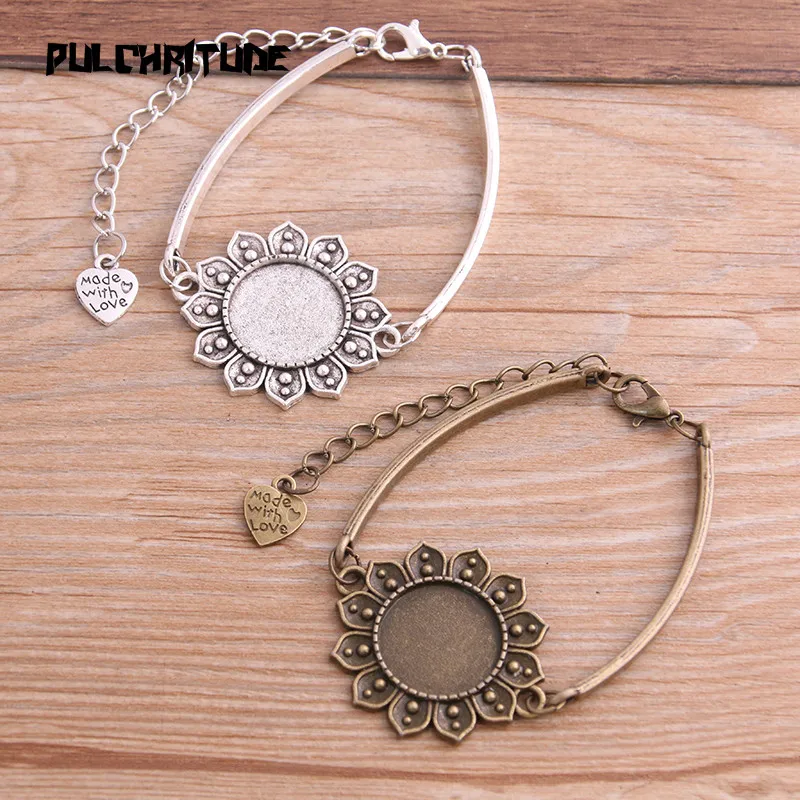 1pcs Two Color Zinc Alloy Blank Bracelet Settings 18mm Round Lotus Cabochon Bangle Bezel Trays Diy Jewelry Base