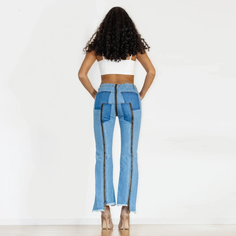 Shascullfites Damen Slim Fit Straight Jeans mit mehreren Reißverschlüssen, hohe Taille, Club-Tanz-Denim-Hose – Detail 3