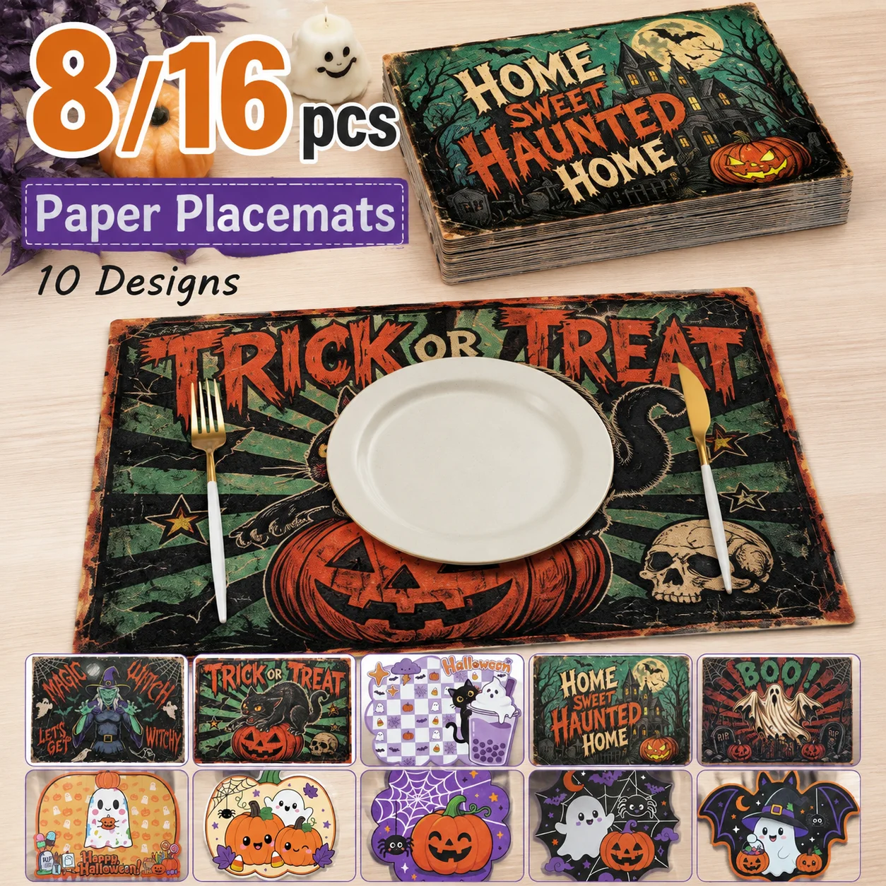 8/16pcs Halloween shaped placemats retro funny paper placemats are suitable for Halloween parties and family dinners.