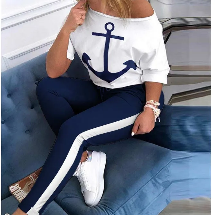 

Spring Summer New Anchor Print round Neck Short Sleeve T-Shirt And Long Pants Two Piece Set Morning Exercise Casual Sports Suit