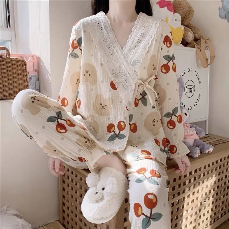 Spring Autumn Floral Print Pajamas Women 2024 New Sweet Princess Style Sleepwear Lace Long Sleeved Homewear Set Loose Loungewear