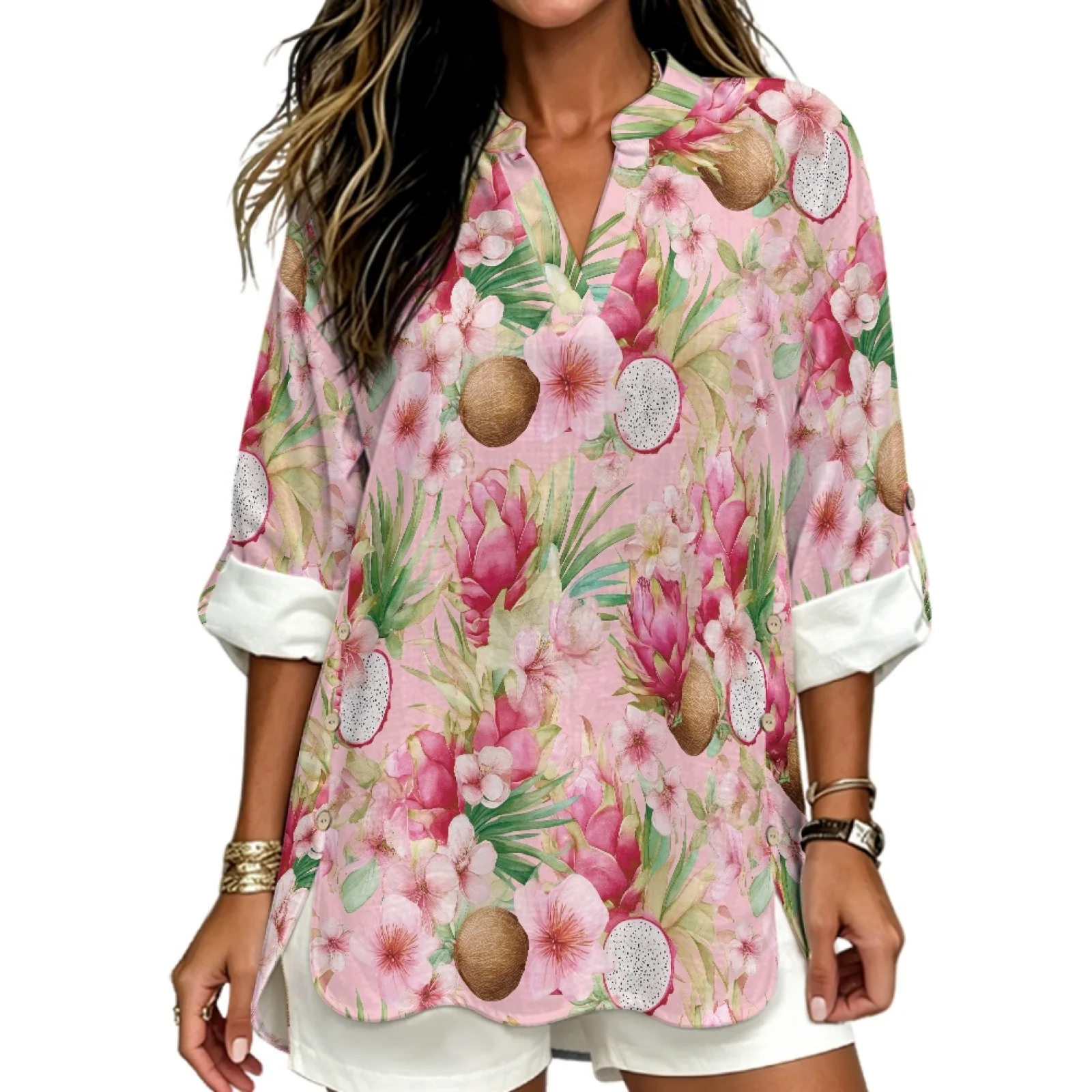 PENSTROLL Tropical Bloom Linen Like Tunic Tops Roll-Up Long Sleeve V Neck Shirts for Women Sizes S-5XL