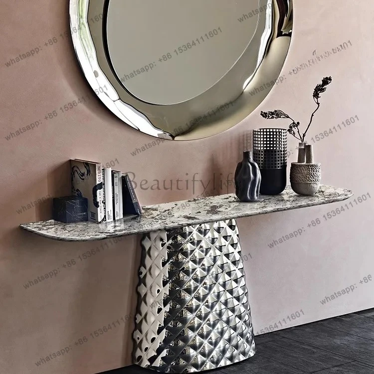 marble strip case is facing the door against the wall, decorative cabinet against the wall, very narrow entrance platform