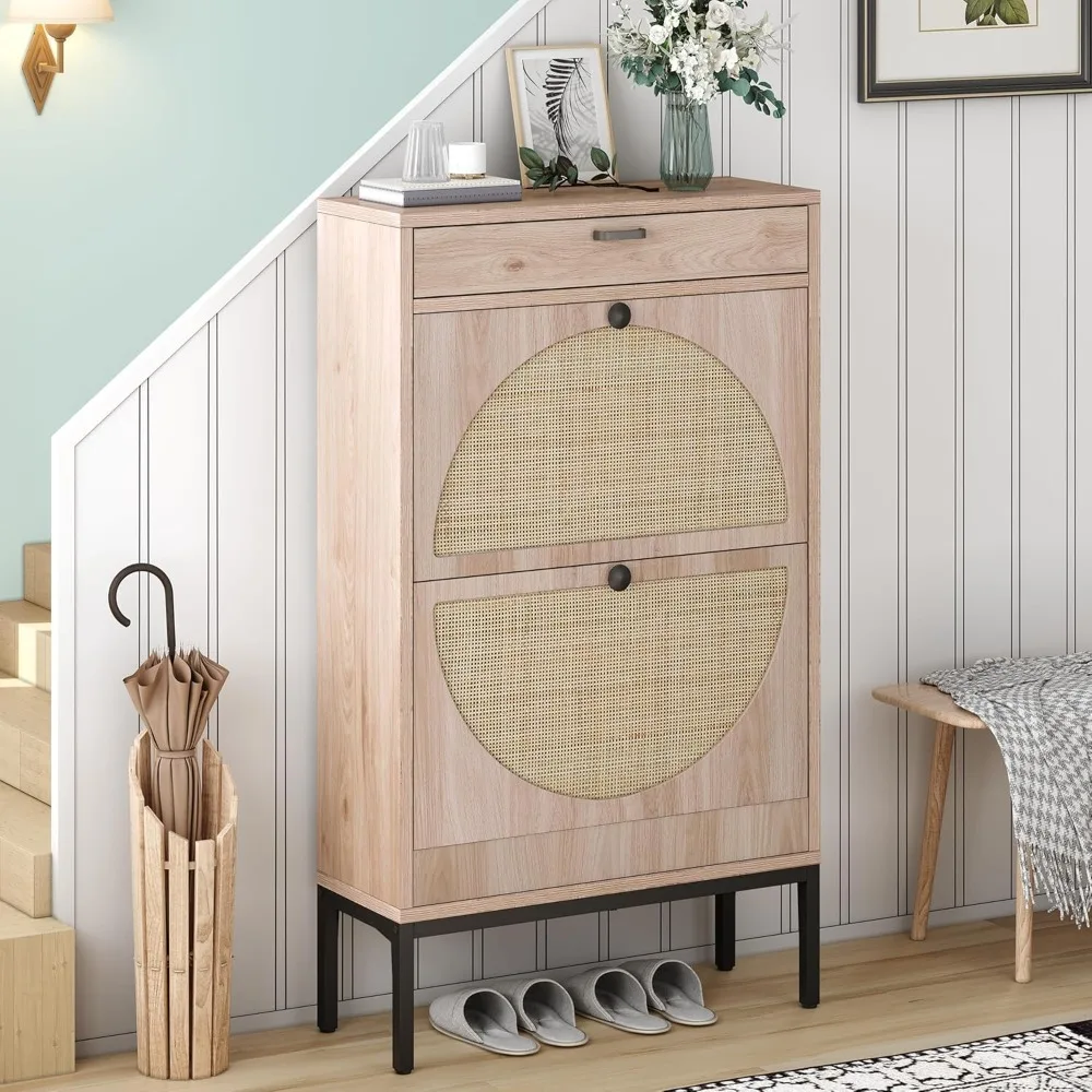 

Shoe Cabinet with 2 Flip Drawers and 1 Small Drawer, Slim Entrance Shoe Cabinet with Semi-circular Woven Wicker Door
