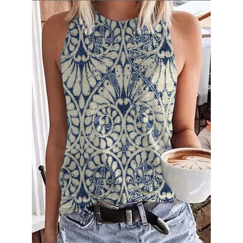 Styl etniczny Paisley 3D Print Tank Tops Women Retro Streetwear Y2k Oversized O-Neck Vest Off Shoulder Sleeveless Woman Camisole