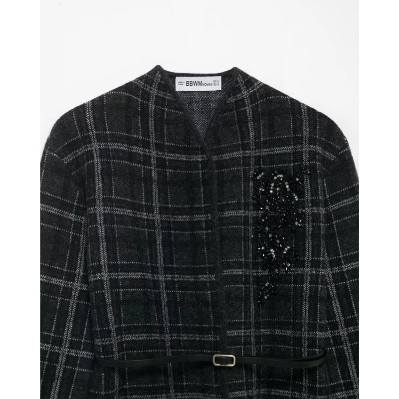 เสื้อคาร์ดิแกนไหมพรมลายตารางสำหรับผู้หญิง แขนยาว คอวี พร้อมเข็มขัด สไตล์วินเทจ ยืดหยุ่น ทันสมัย