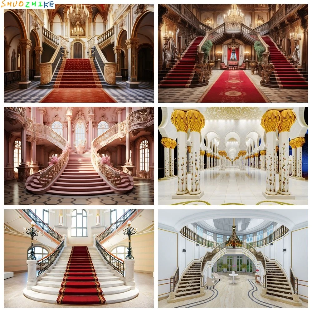 

Luxury Palace Castle Photography Backdrop Old Church Red Carpet Stairs Wedding Portrait Baby Birthday Photocall Background Decor