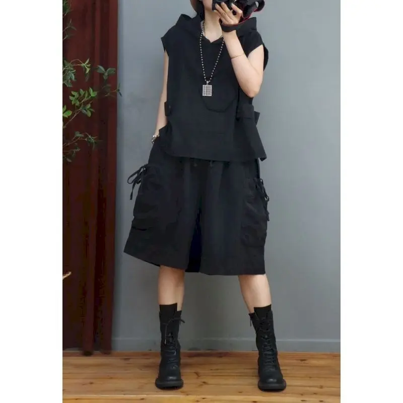 Summer Trend Hooded Vest Sets Women Personalized Fashion Vests Coat And Loose Shorts Casual Two Piece Set Solid Color Thin Suits