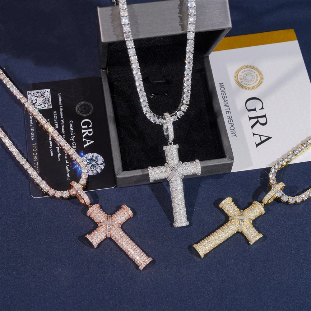 Moissanite S925 Silver Cylindrical Cross Pendant Iced Out For Men Women Necklaces Hip Hop Jewelry Pass Diamonds Tester With GRA