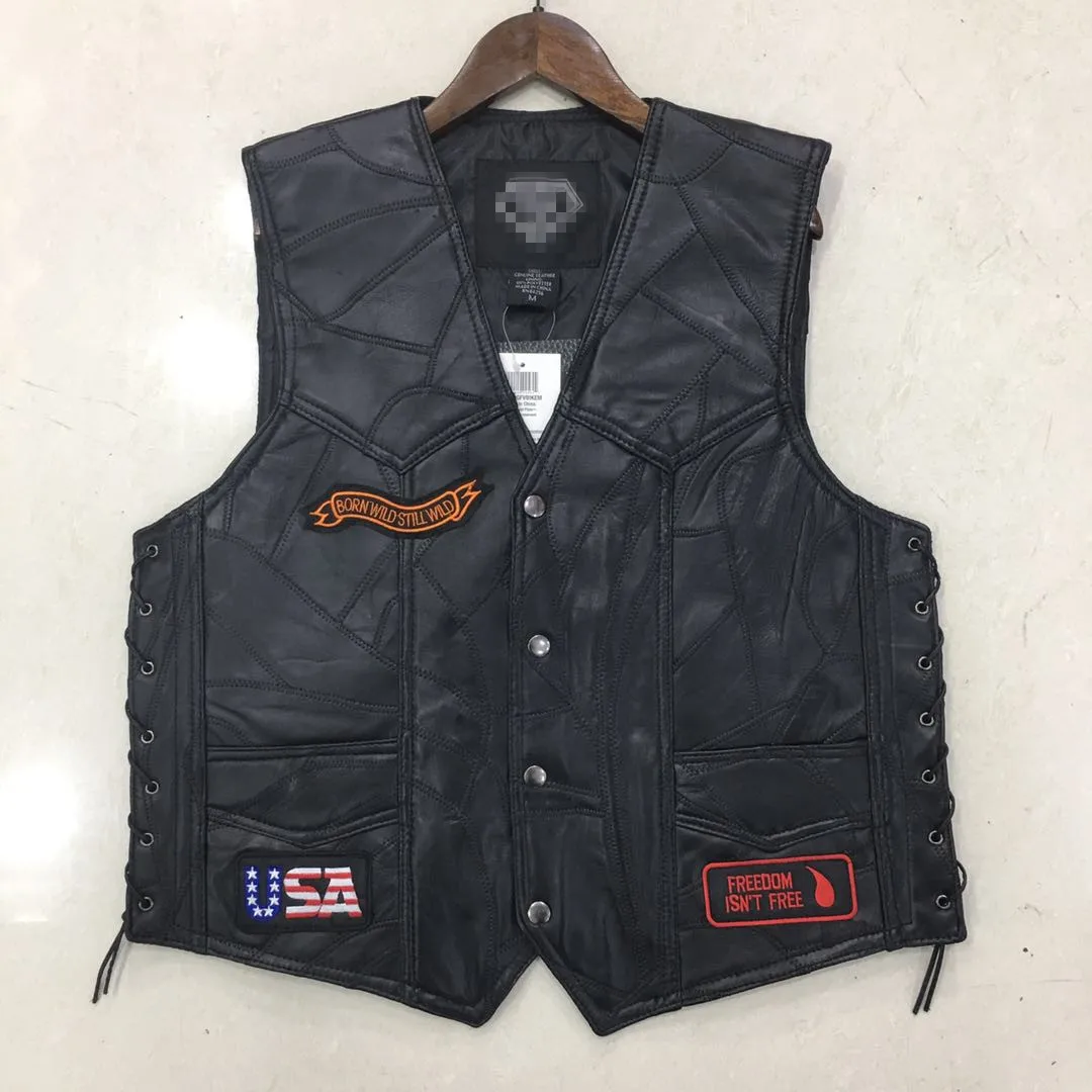 

Motorcycle Vest Riding Vest Men Leather Vest Golden Eagle Embroidered Badge Leather Vest Mens Clothing