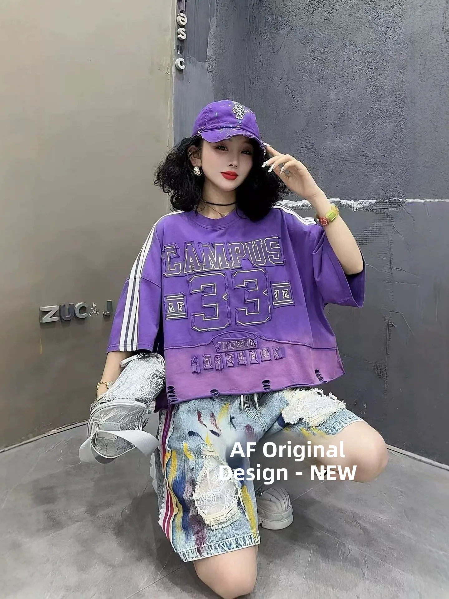 

Summer New Style Women's Heavy Work Cotton T-shirt Color Changing Patchwork Print Hole Bar Short Top European Style Loose Fit
