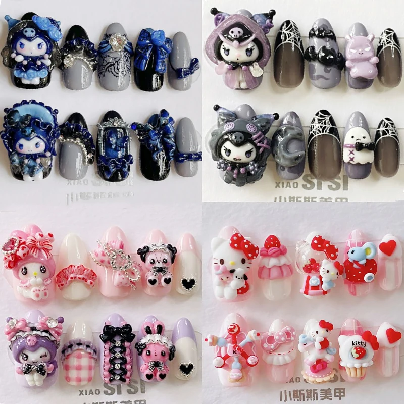 

Kawaii Sanrios Hello Kitty Kuromi Disney Linabell 3D Handmade Three-Dimensional Carving Nails Patch Design False Tips 10Pcs