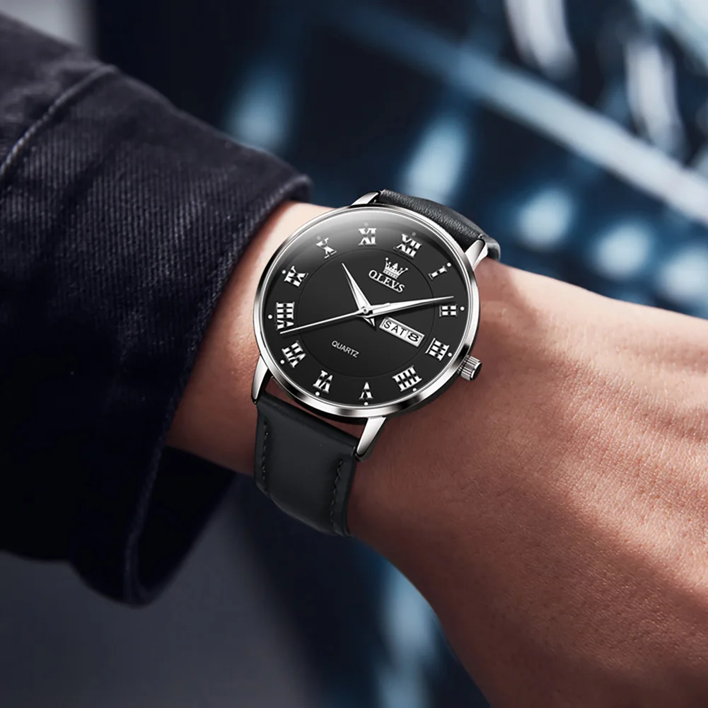OLEVS Top Brand Men's Watches Simple Fashion Original Wristwatch for Man Waterproof Leather Strap Luminous Date Week Trend
