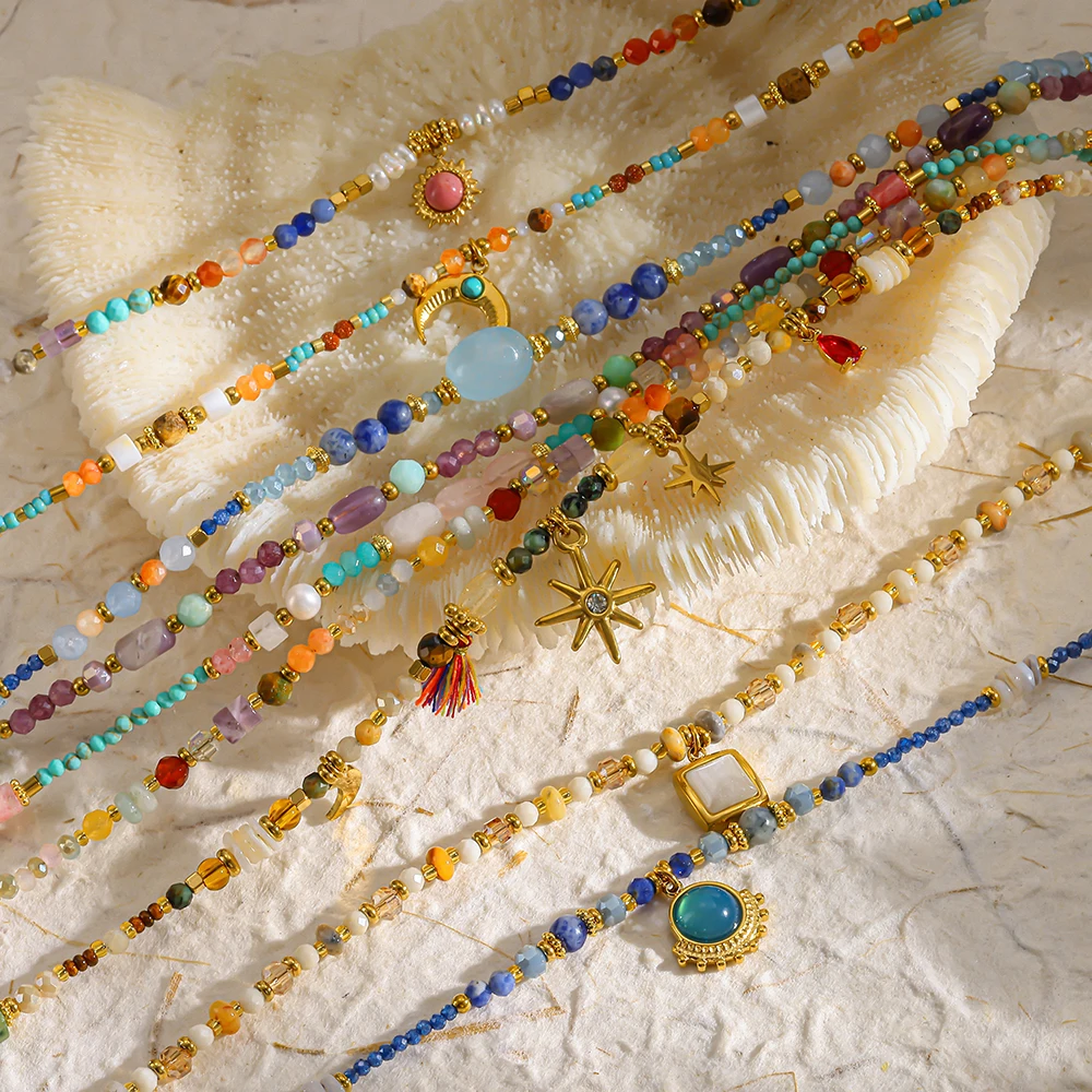 

Bohemian Natural Stone Beaded Necklace 18K Gold Plated Stainless Steel Vintage Collar Chain Waterproof Jewelry for Women Gift