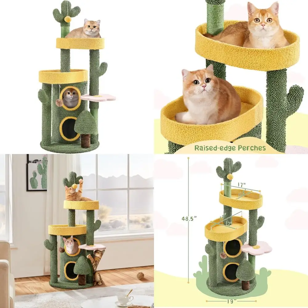 

Яшеч кактус кошачье дерево для домашних кошек, кошачья башня 48,5 дюйма с 2 большой платформой, 2-ярусным конусом, когтеточками и свисающими b