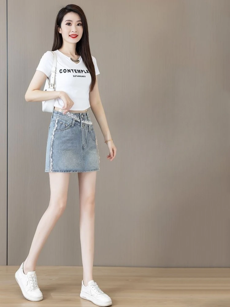 

Женская джинсовая мини-юбка с завышенной талией, кружевными вставками и асимметричным кроем, облегающая, летняя, новинка 2026 года